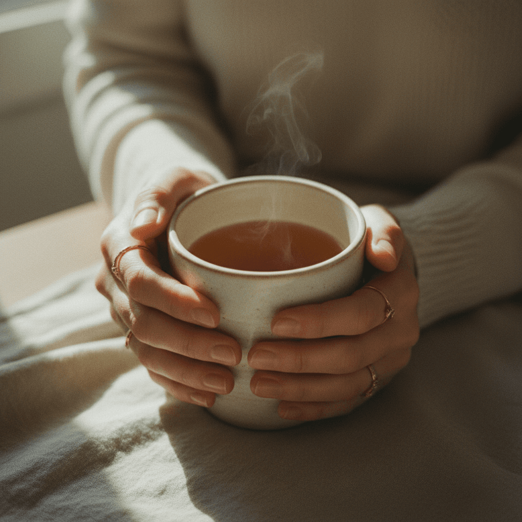 Hands holding tea, symbolizing calm and intentional support