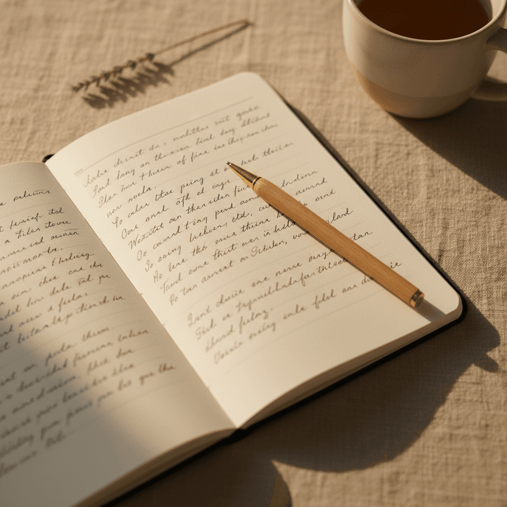 Notebook with reflective writing in peaceful space