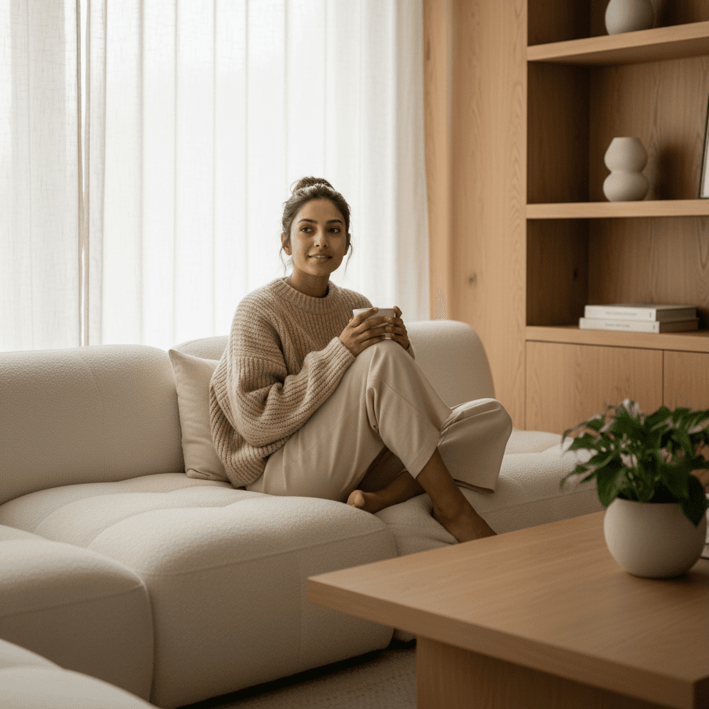 Woman in peaceful interior space, representing emotional safety