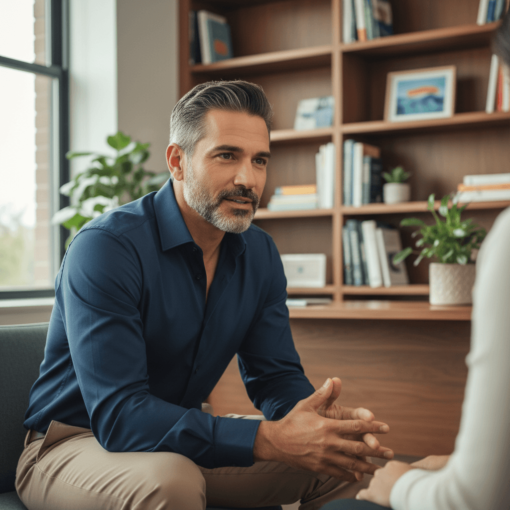 Professional male therapist leaning forward with engaged listening expression in warm therapy office setting with clinical books visible